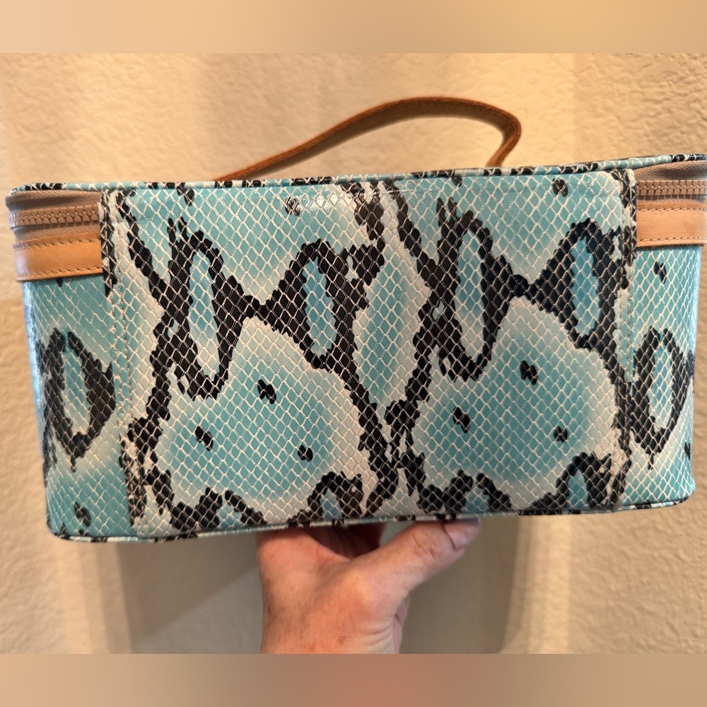 Consuela Snake-Print Blue Train Case with Tan Leather Trim - Picture 4 of 6